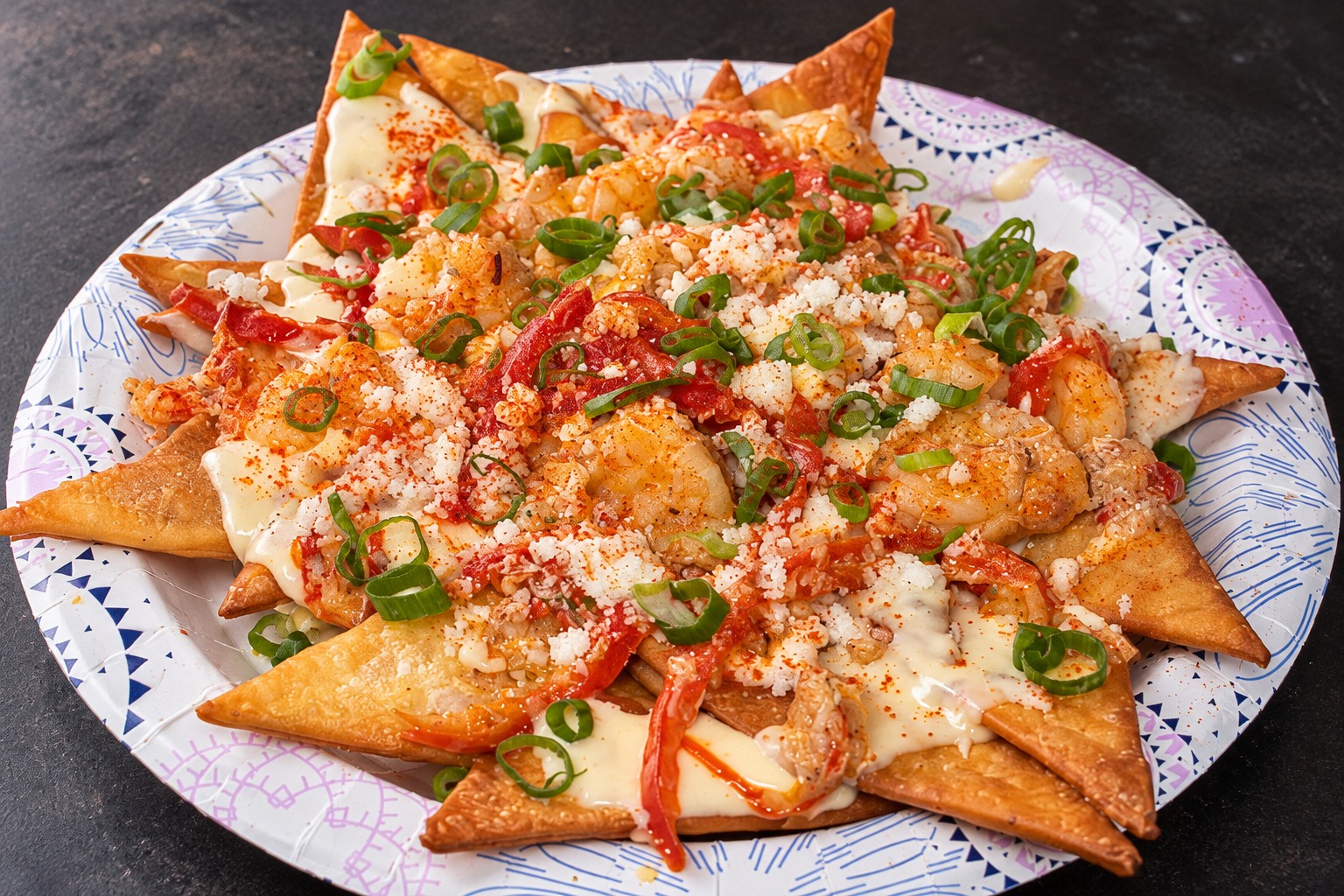 Sample loaded seafood nachos